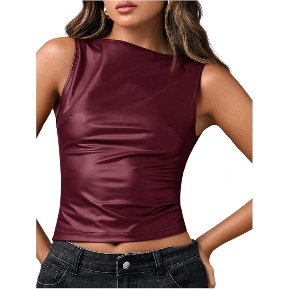 Women's Faux Leather Tank Top X-Large Fitted Sleeveless Party Clubwear